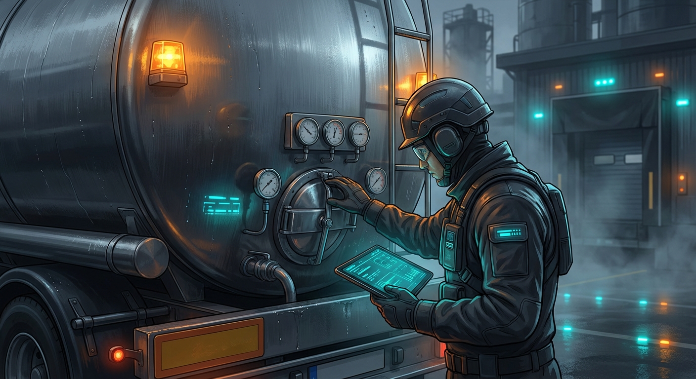 An operator carefully inspecting the tanker connection before departure.