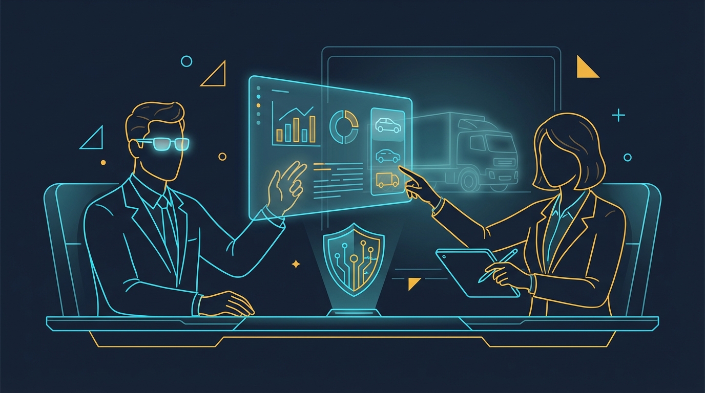 An insurance broker reviewing a commercial trucking policy document with a client.