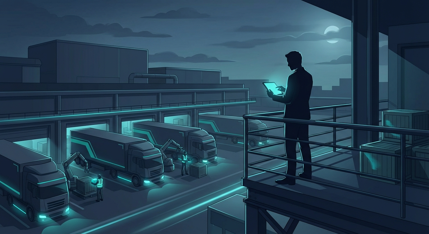 Commercial trucks parked at an Ontario logistics hub, representing full trucking company insurance coverage