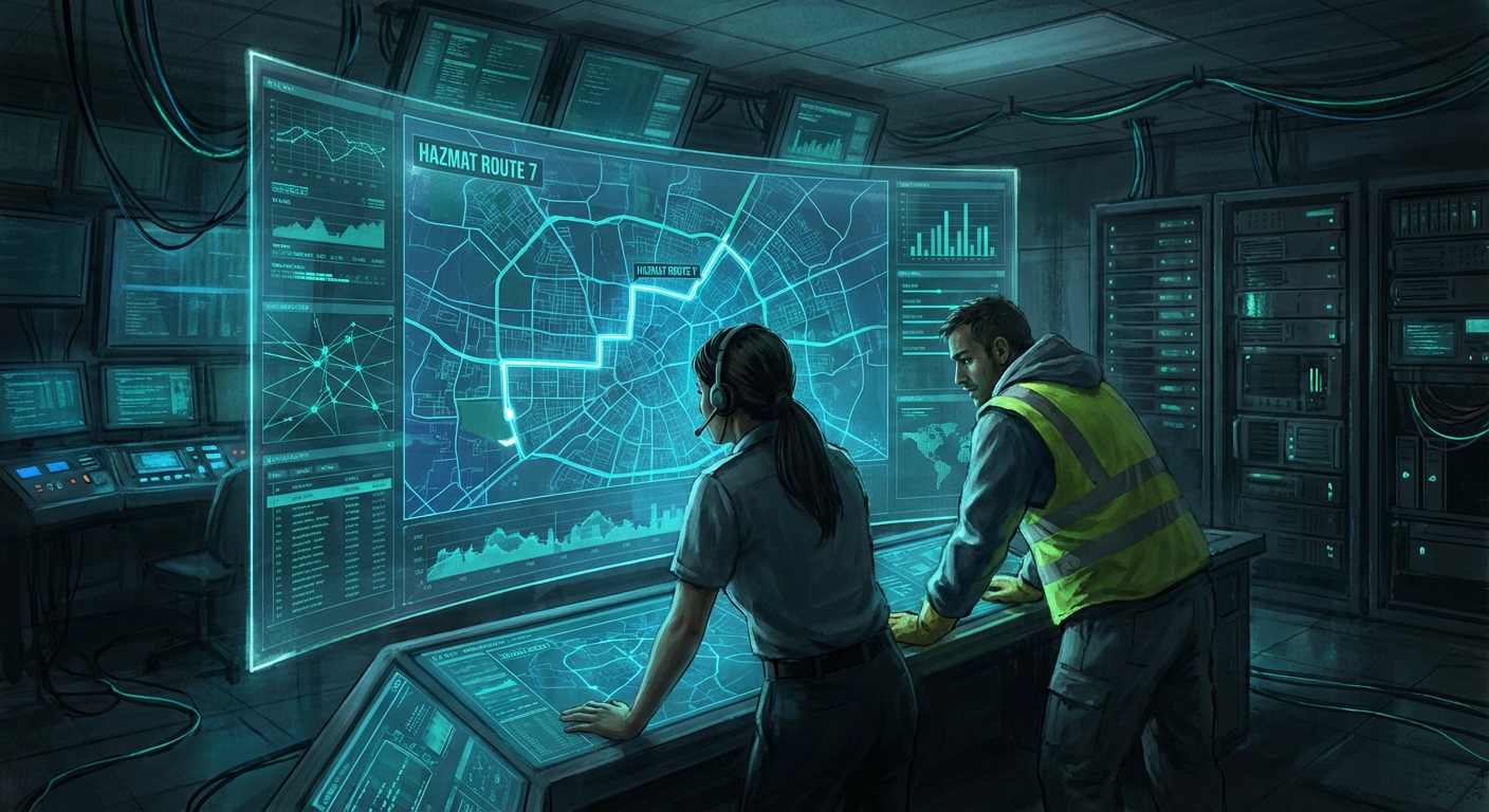 Inspection officer checking a commercial truck's TDG compliance placards in Ontario