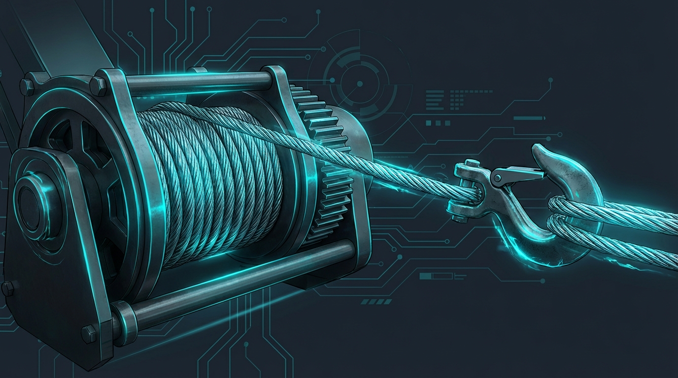 Close-up of a tow truck's hook and winch mechanism