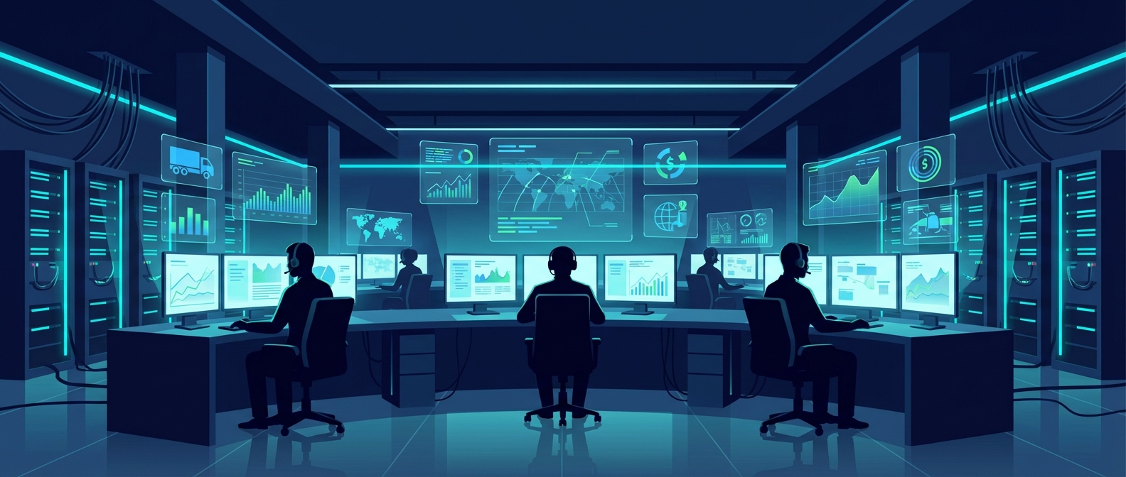 Ontario trucking insurance broker team analyzing fleet data on digital displays