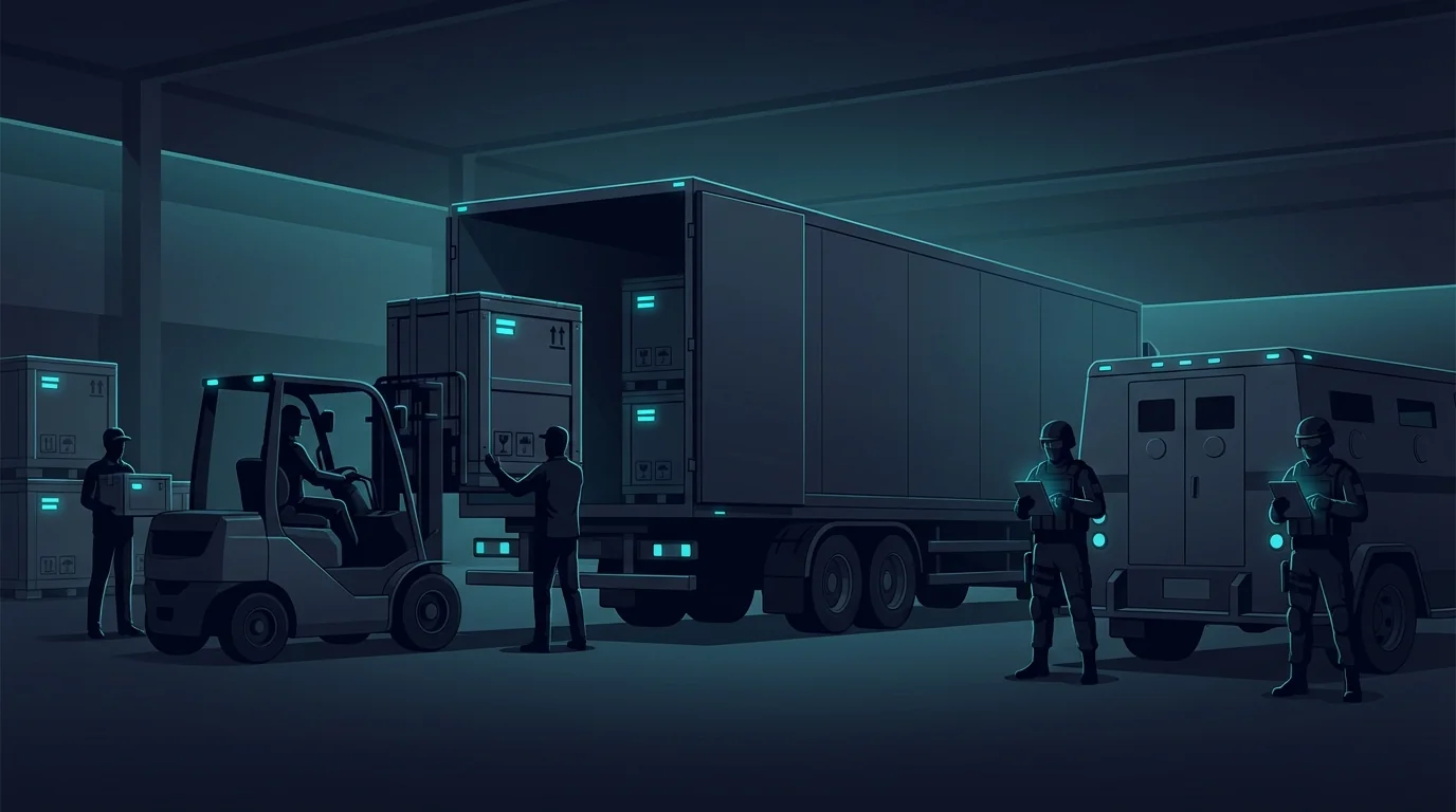 Loading high-value electronics cargo into trailer with security present