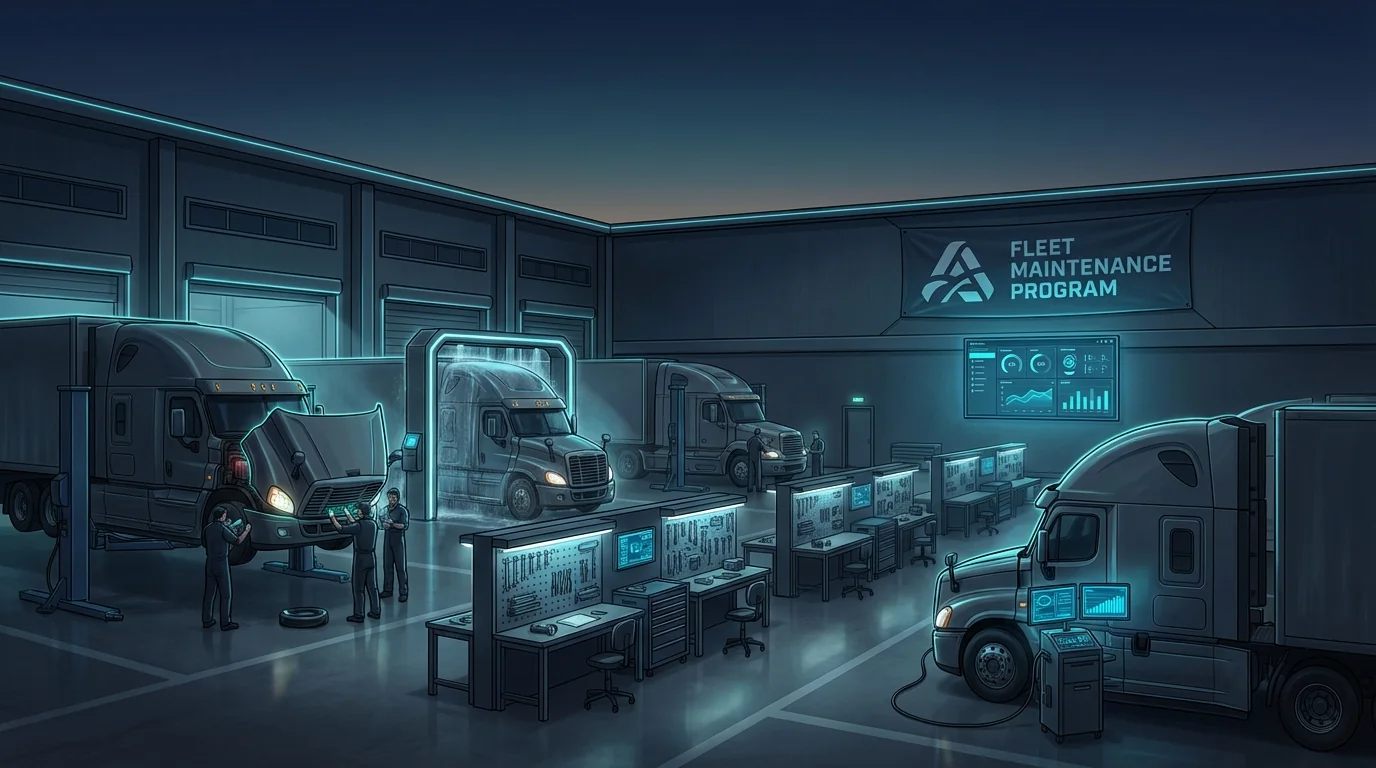 Fleet maintenance bay with trucks being serviced