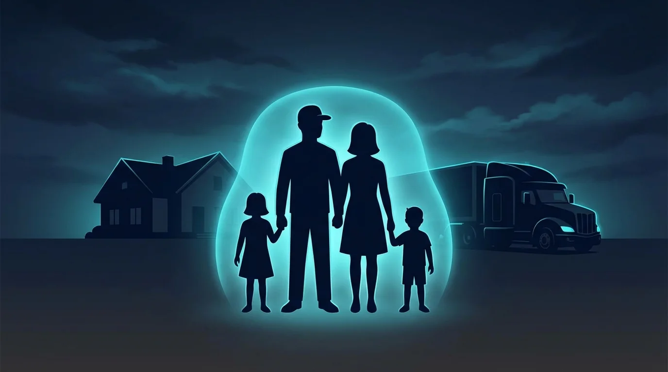 Trucker family with protective glow representing insurance coverage