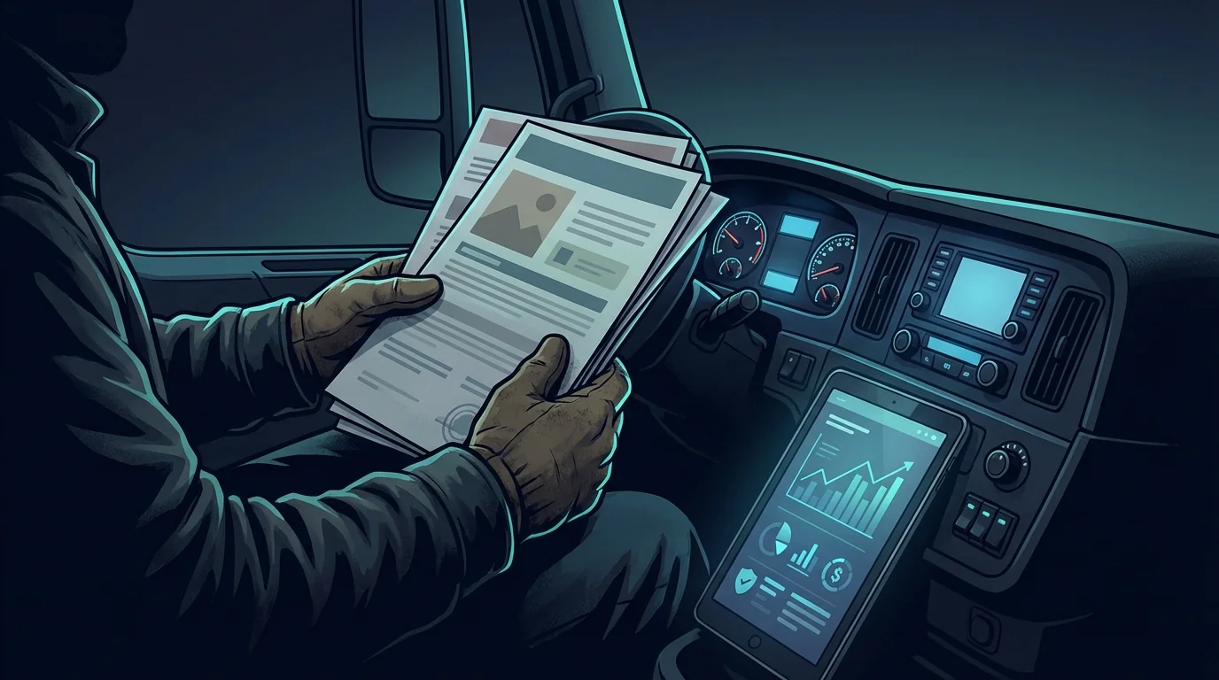 Trucker reviewing insurance documents in cab