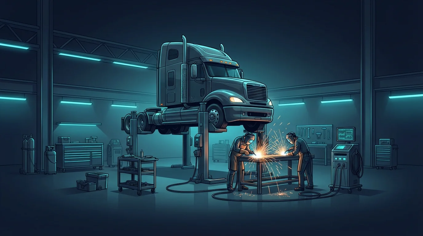 Professional truck repair shop with mechanics working