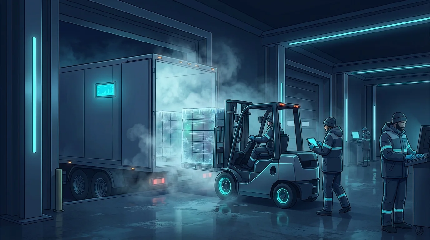 Loading dock with refrigerated trailer being loaded with temperature-controlled cargo