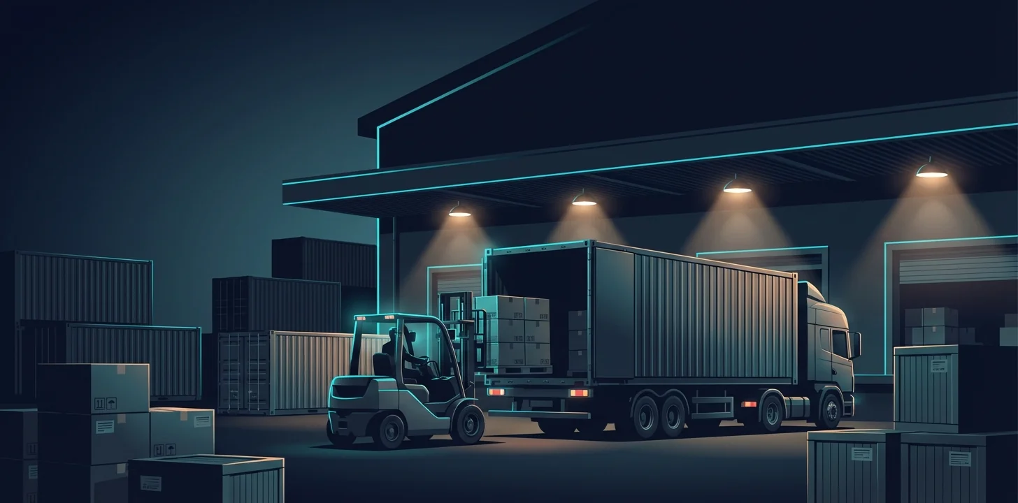 Cargo being loaded into a truck trailer at a warehouse dock