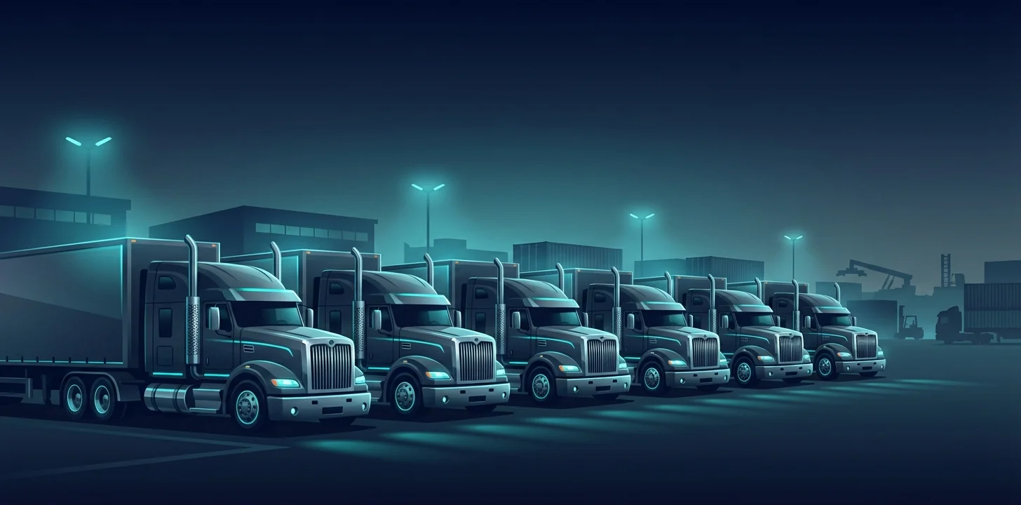 Fleet of commercial semi-trucks parked at a trucking terminal
