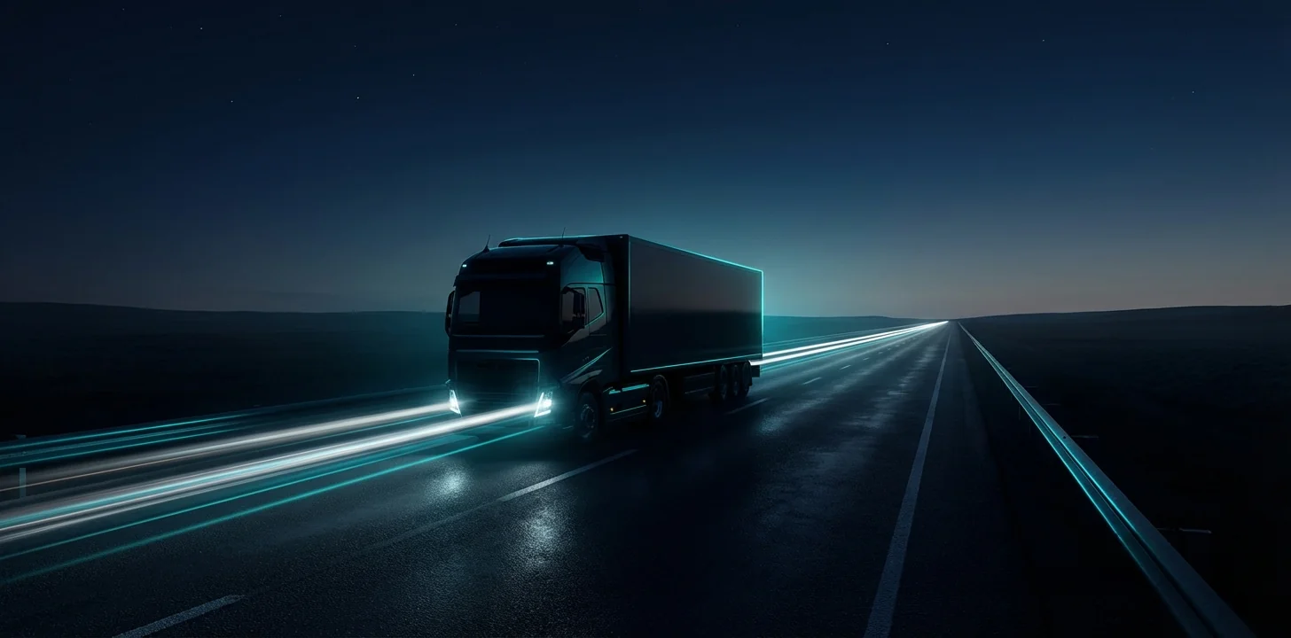 Semi-truck driving on an endless highway at twilight