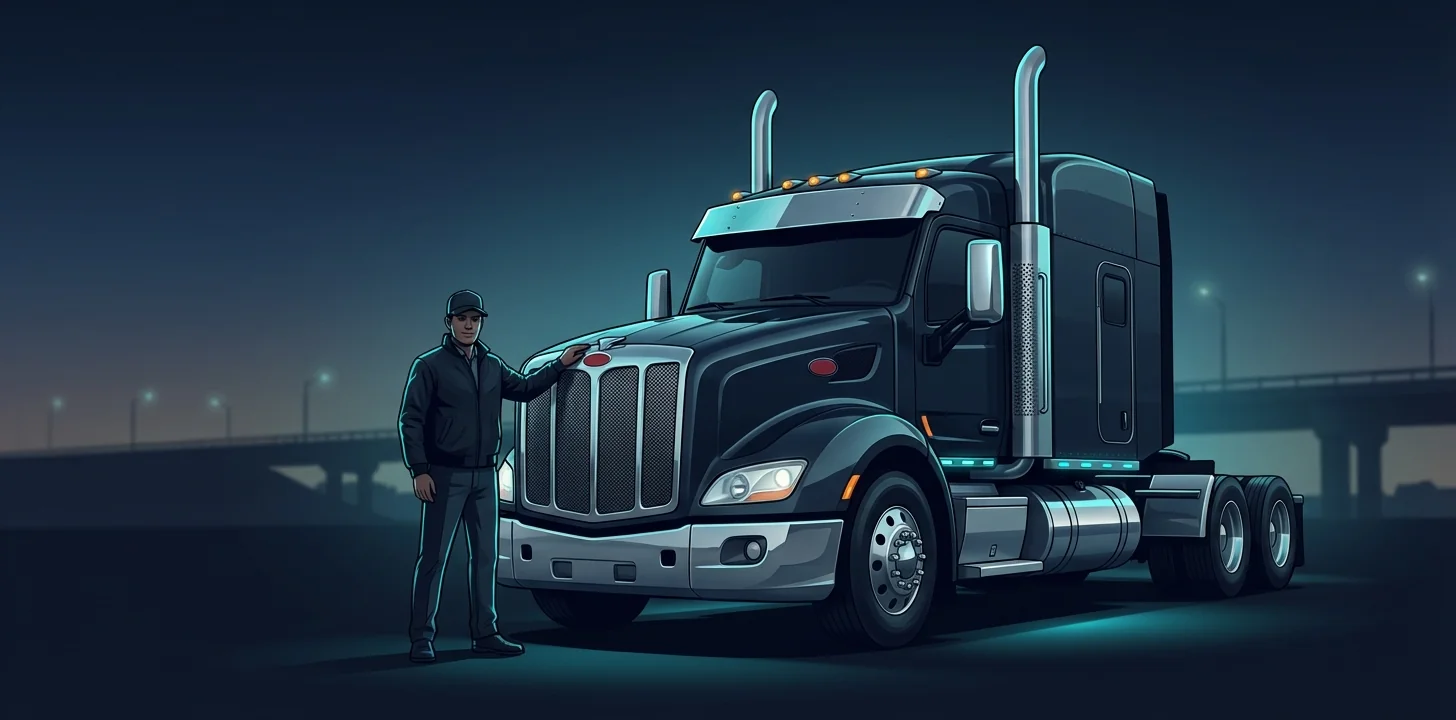 Owner operator trucker standing next to their semi-truck